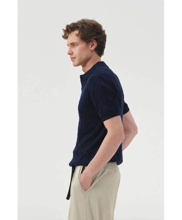 Erkek Normal Kalıp Polo Yaka Triko Kuma Thişört - Lacivert