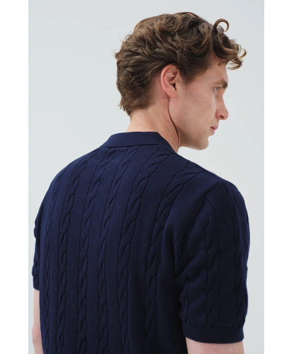 Erkek Normal Kalıp Polo Yaka Triko Kuma Thişört - Lacivert