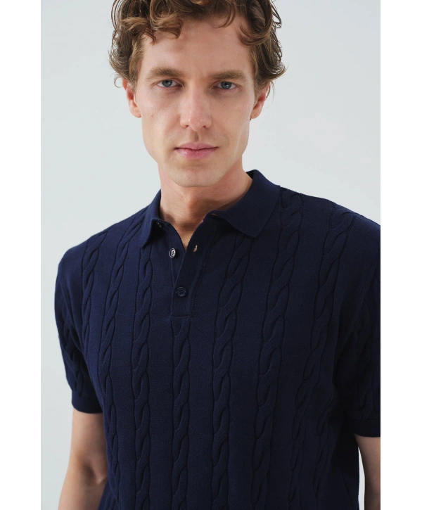 Erkek Normal Kalıp Polo Yaka Triko Kuma Thişört - Lacivert