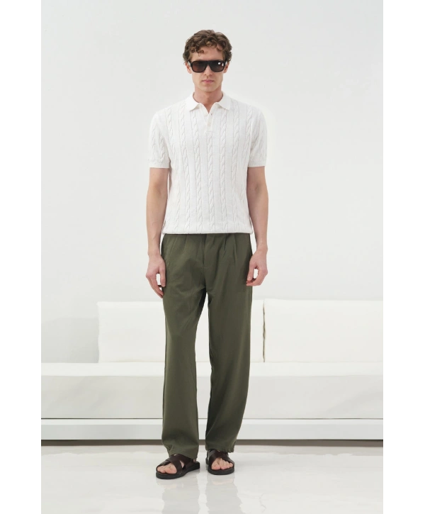 Erkek Normal Kalıp Polo Yaka Triko Kuma Thişört - Beyaz