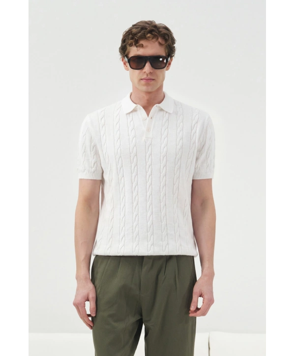 Erkek Normal Kalıp Polo Yaka Triko Kuma Thişört - Beyaz