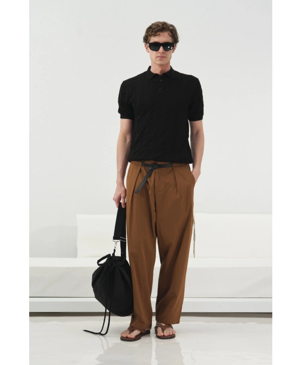 Erkek Normal Kalıp Polo Yaka Triko Kuma Thişört - Siyah