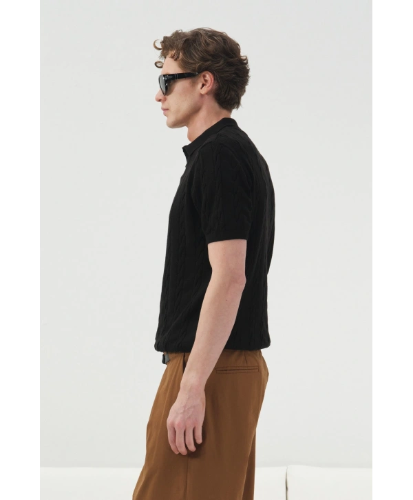 Erkek Normal Kalıp Polo Yaka Triko Kuma Thişört - Siyah