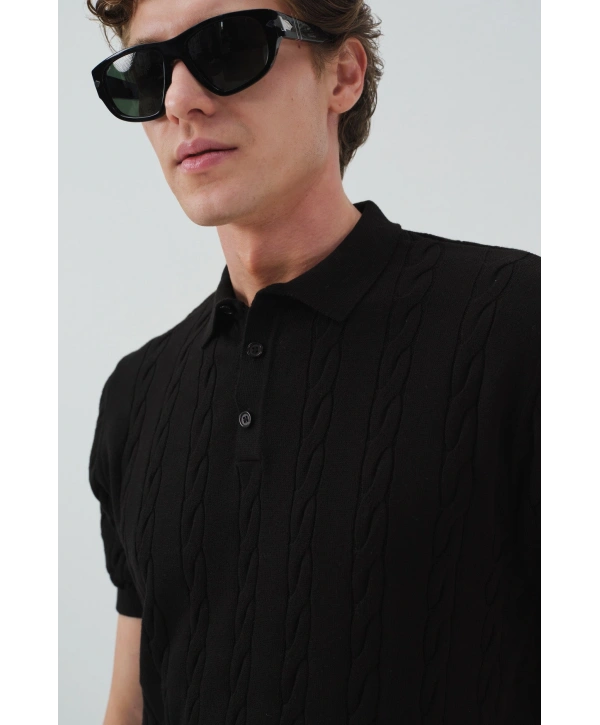 Erkek Normal Kalıp Polo Yaka Triko Kuma Thişört - Siyah