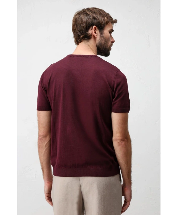 Erkek Bisiklet Yaka Triko Kumaş Thişört- Bordo