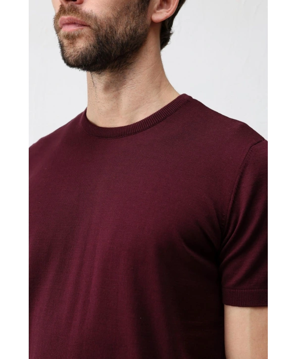 Erkek Bisiklet Yaka Triko Kumaş Thişört- Bordo
