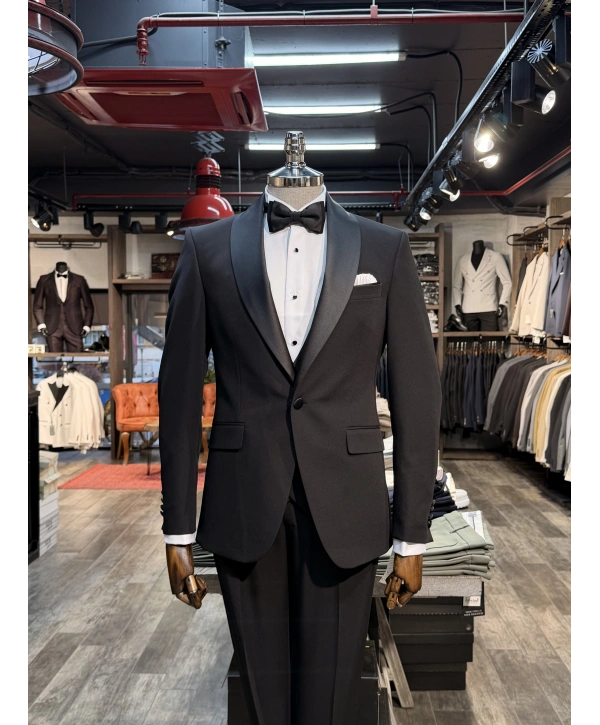 Erkek Dar Kesim Slimfit Kırlangıç Yaka Damatlık Takım Elbise-Siyah