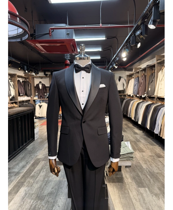 Erkek Dar Kesim Slimfit Kırlangıç Yaka Damatlık Takım Elbise-Siyah