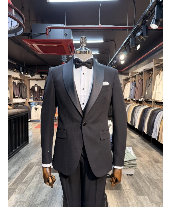Erkek Dar Kesim Slimfit Kırlangıç Yaka Damatlık Takım Elbise-Siyah