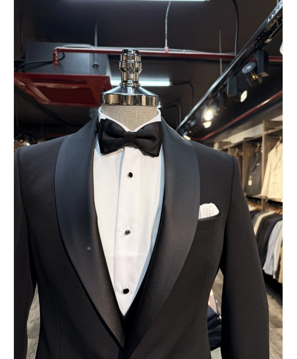 Erkek Dar Kesim Slimfit Kırlangıç Yaka Damatlık Takım Elbise-Siyah