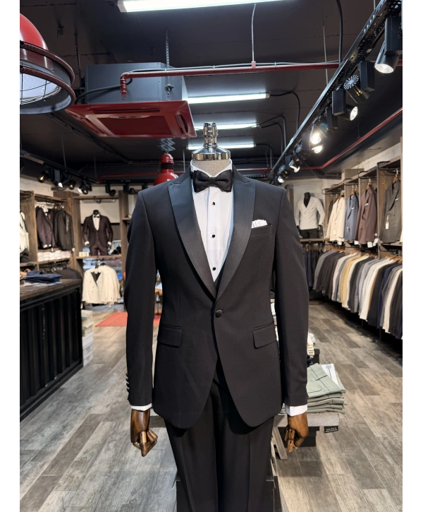 Erkek Dar Kesim Slimfit Şal Yaka Damatlık Takım Elbise-Siyah