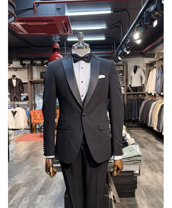 Erkek Dar Kesim Slimfit Şal Yaka Damatlık Takım Elbise-Siyah