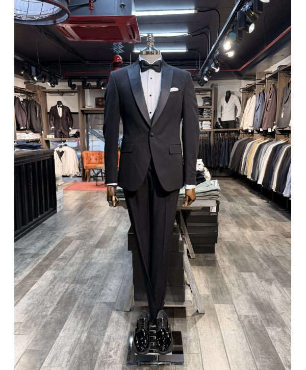 Erkek Dar Kesim Slimfit Şal Yaka Damatlık Takım Elbise-Siyah