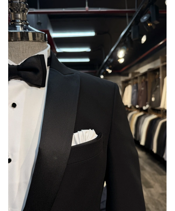 Erkek Dar Kesim Slimfit Şal Yaka Damatlık Takım Elbise-Siyah
