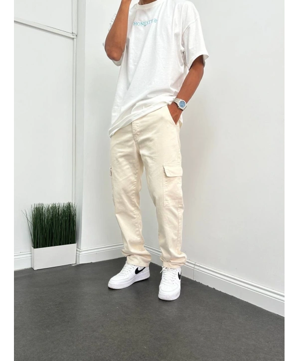 Erkek Bagy Kalıp Cepli Kargo Pantolon - Bej
