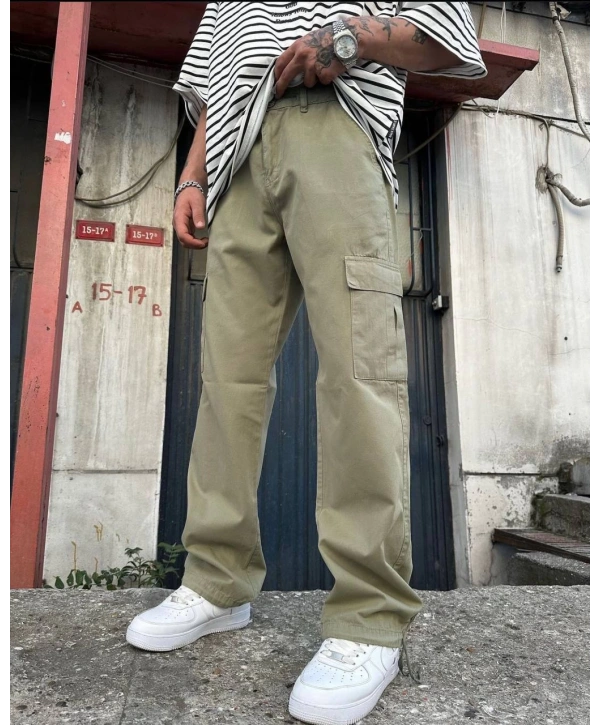 Erkek Bagy Kalıp Cepli Kargo Pantolon - Haki