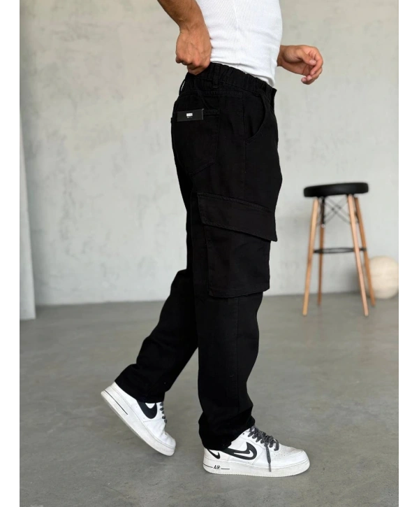 Erkek Bagy Kalıp Cepli Kargo Pantolon -Siyah