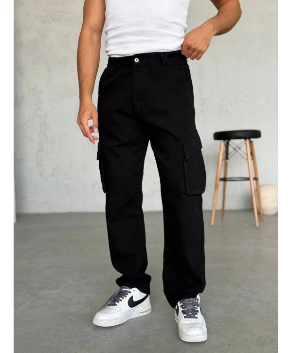 Erkek Bagy Kalıp Cepli Kargo Pantolon -Siyah