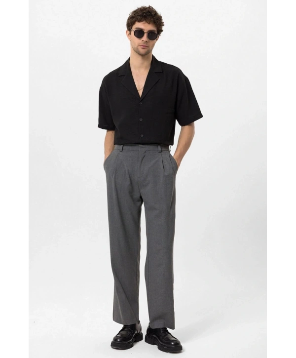 Erkek Bagy Kalıp Pileli Kumaş Pantolon -Gri