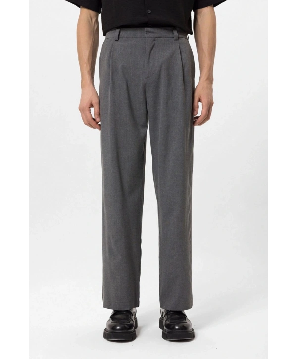 Erkek Bagy Kalıp Pileli Kumaş Pantolon -Gri