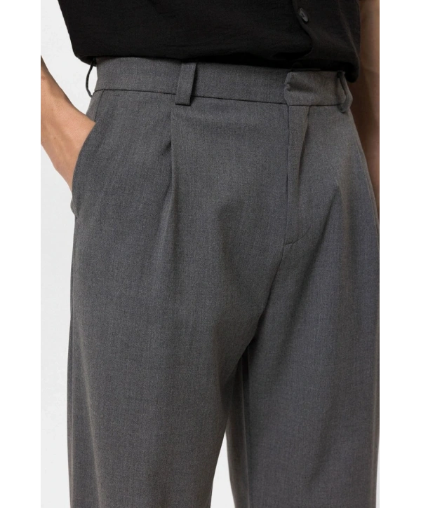 Erkek Bagy Kalıp Pileli Kumaş Pantolon -Gri