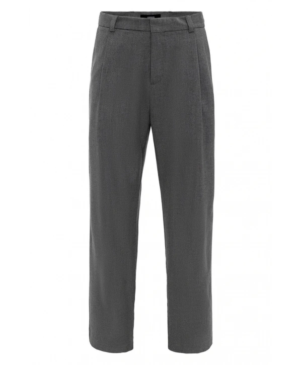 Erkek Bagy Kalıp Pileli Kumaş Pantolon -Gri