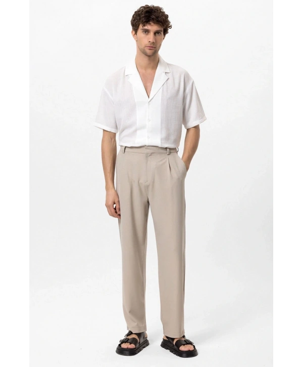 Erkek Bagy Kalıp Pileli Kumaş Pantolon -Krem