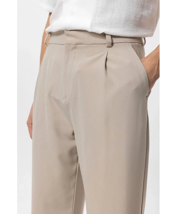 Erkek Bagy Kalıp Pileli Kumaş Pantolon -Krem