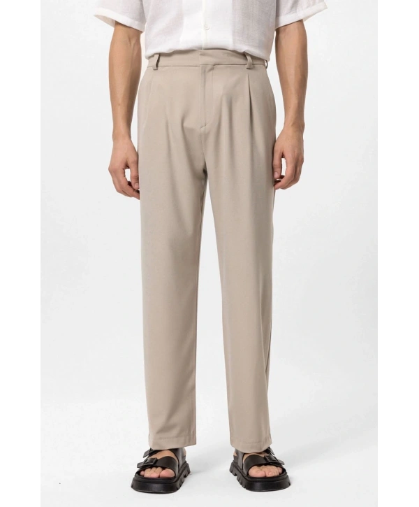 Erkek Bagy Kalıp Pileli Kumaş Pantolon -Krem