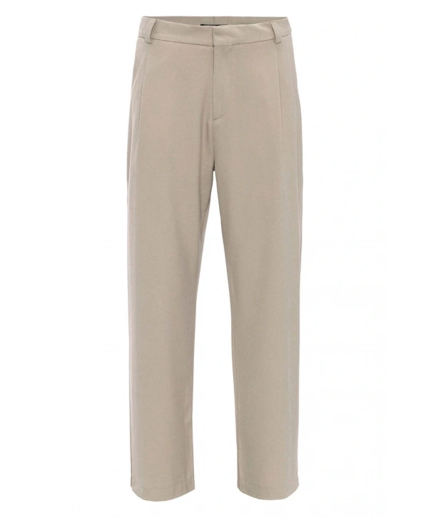 Erkek Bagy Kalıp Pileli Kumaş Pantolon -Krem