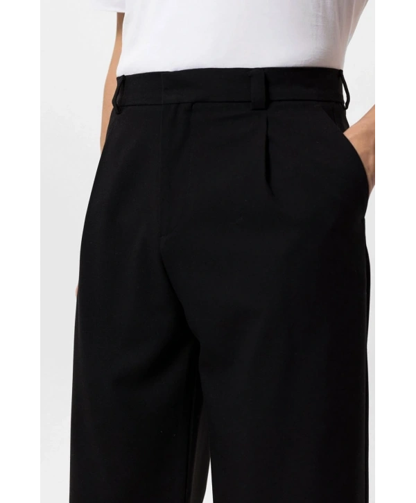 Erkek Bagy Kalıp Pileli Kumaş Pantolon -Siyah