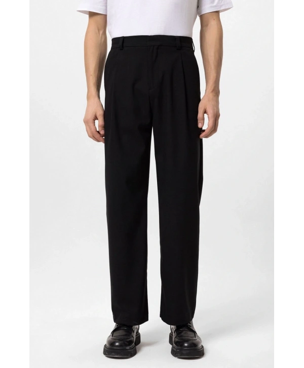 Erkek Bagy Kalıp Pileli Kumaş Pantolon -Siyah