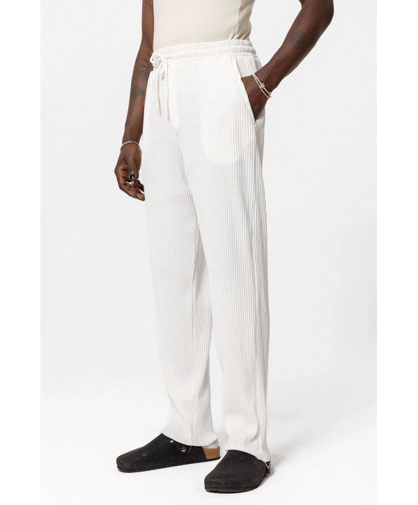 Erkek Beli Lastikli Fitilli Bagy Pantolon-Beyaz