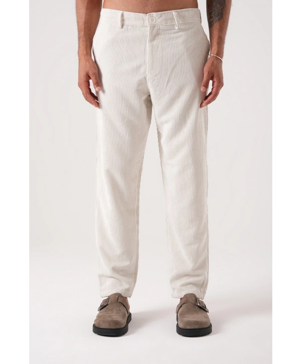 Erkek Beli Lastikli Kadife Bagy Pantolon - Beyaz
