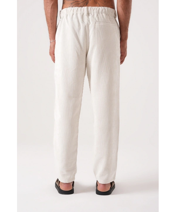 Erkek Beli Lastikli Kadife Bagy Pantolon - Beyaz