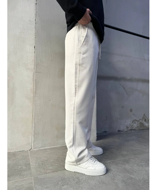 Erkek Beli Lastikli Kadife Bagy Pantolon -Ekru