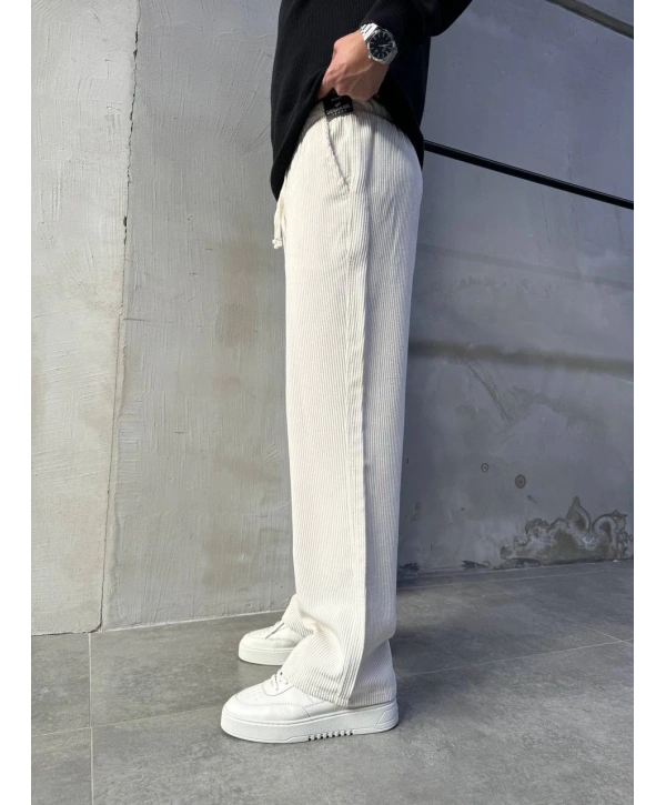 Erkek Beli Lastikli Kadife Bagy Pantolon -Ekru