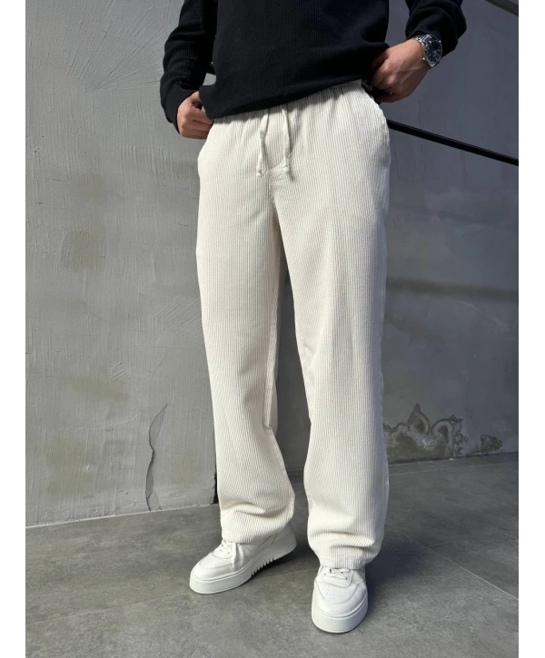 Erkek Beli Lastikli Kadife Bagy Pantolon -Ekru