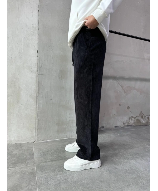 Erkek Beli Lastikli Kadife Bagy Pantolon -Siyah