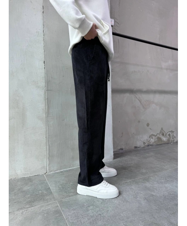 Erkek Beli Lastikli Kadife Bagy Pantolon -Siyah