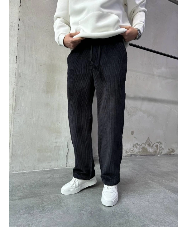 Erkek Beli Lastikli Kadife Bagy Pantolon -Siyah