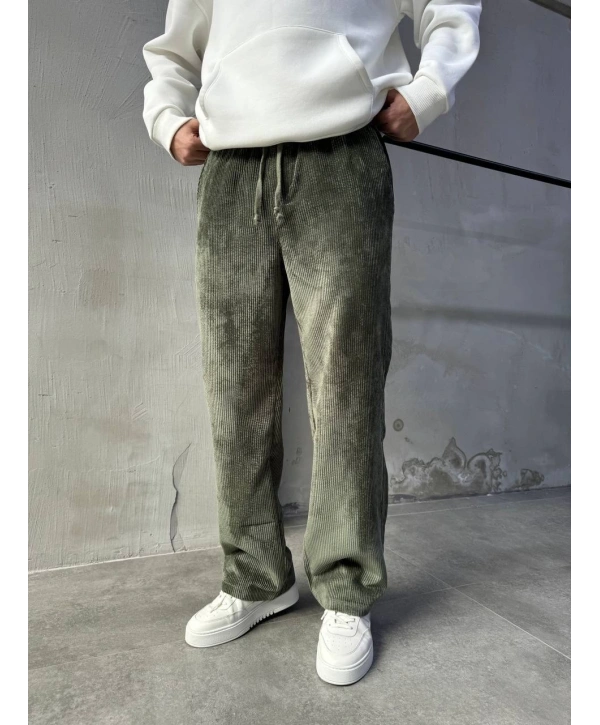 Erkek Beli Lastikli Kadife Bagy Pantolon -Yeşil