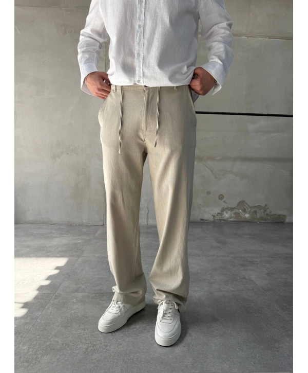 Erkek Beli Lastikli Keten Bagy Pantolon - Bej