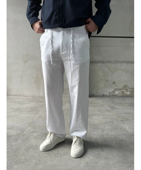 Erkek Beli Lastikli Keten Bagy Pantolon - Beyaz