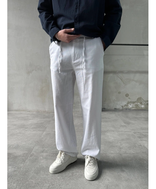 Erkek Beli Lastikli Keten Bagy Pantolon - Beyaz