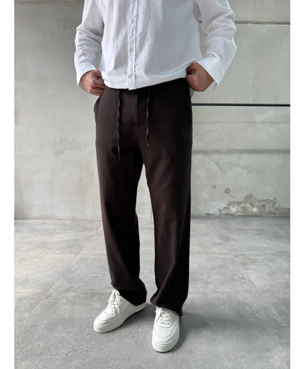 Erkek Beli Lastikli Keten Bagy Pantolon - Kahverengi