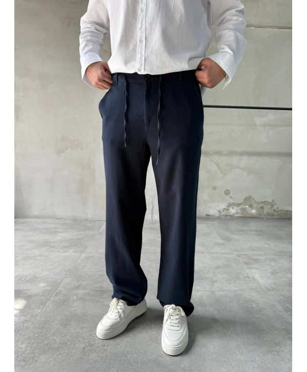 Erkek Beli Lastikli Keten Bagy Pantolon - Lacivert