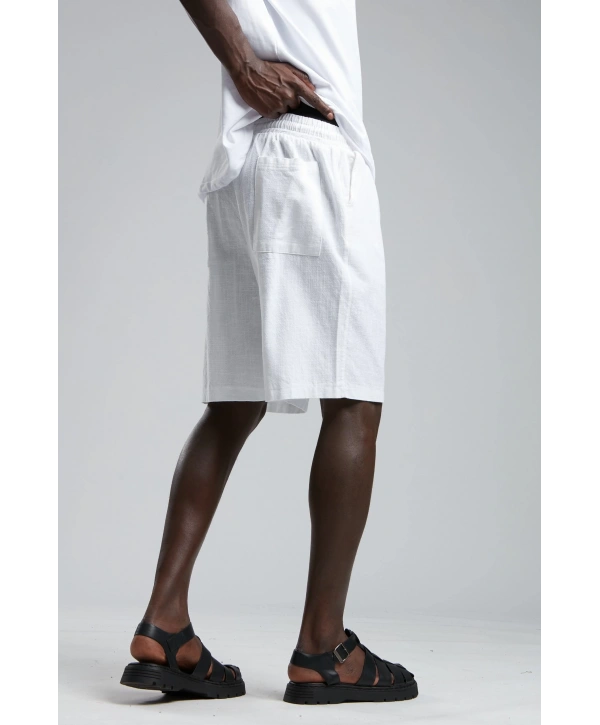 Erkek Beli Lastikli Keten Şort-Beyaz
