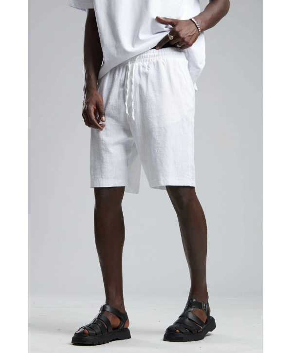 Erkek Beli Lastikli Keten Şort-Beyaz