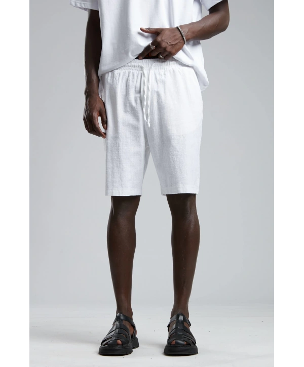 Erkek Beli Lastikli Keten Şort-Beyaz